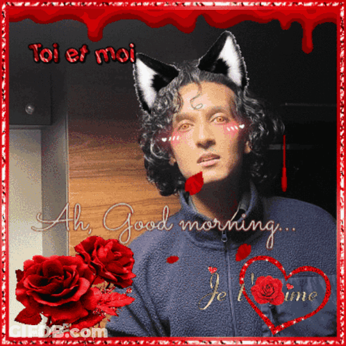 Man With Cat Ears Saying Ah Good Morning Je T'aime GIF