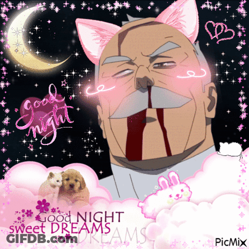 A Picture Of A Man With Cat Ears And The Words Good Night Sweet Dreams Written On It GIF