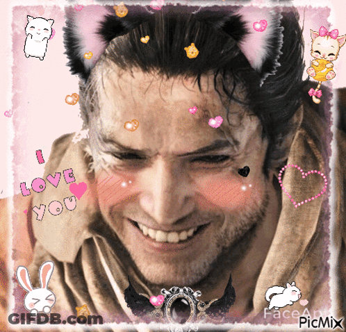 A Picture Of A Man With Cat Ears And The Words I Love You On His Face GIF