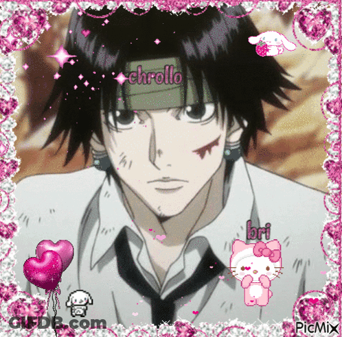 A Picture Of A Man With Chrollo Written On His Headband GIF