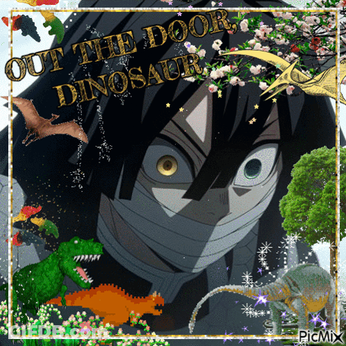 A Picture Of A Man With Dinosaurs Around Him And The Words Out The Door Dinosaurs GIF