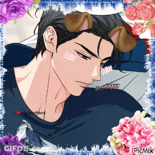 A Picture Of A Man With Dog Ears And The Words I Love My Boyfriend In The Corner GIF