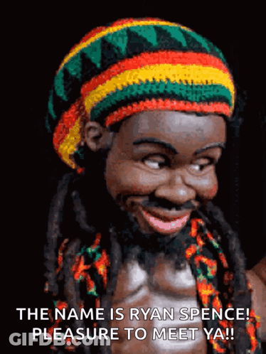 A Picture Of A Man With Dreadlocks And A Hat That Says " The Name Is Ryan Spence Pleasure To Meet Ya " GIF