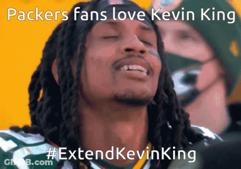 A Picture Of A Man With Dreadlocks And The Caption " Packers Fans Love Kevin King #Extendkevinking " GIF