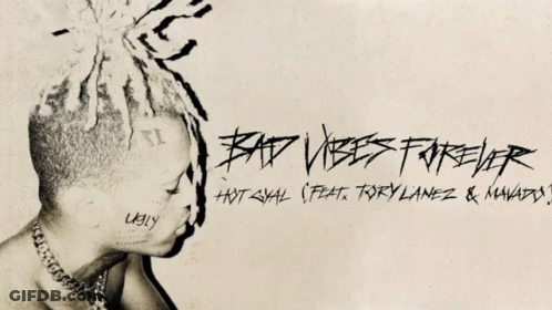 A Picture Of A Man With Dreadlocks And The Words Bad Vibes Forever On The Bottom GIF