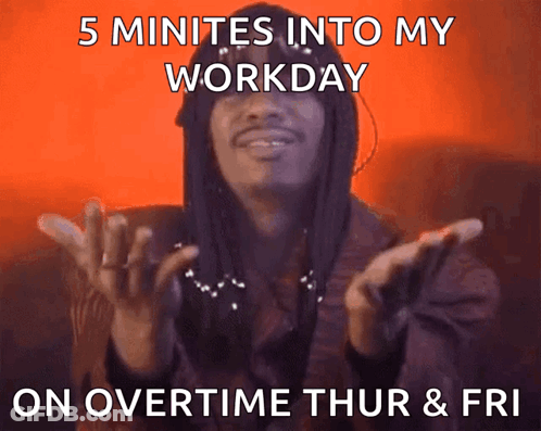 A Picture Of A Man With Dreadlocks Says 5 Minutes Into My Workday On Overtime Thur And Fri GIF