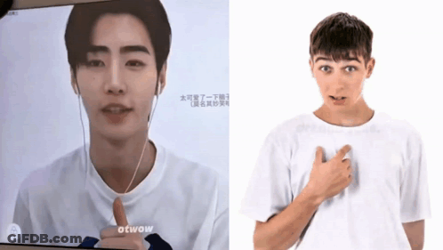 A Picture Of A Man With Ear Buds Next To A Picture Of A Man With His Hands On His Chest GIF
