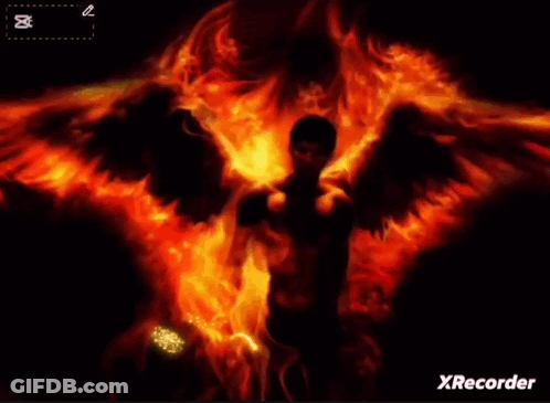 A Picture Of A Man With Fire Wings And The Name Ali On The Bottom GIF