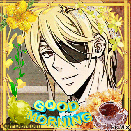 A Picture Of A Man With Flowers And A Cup Of Coffee With The Words Good Morning GIF
