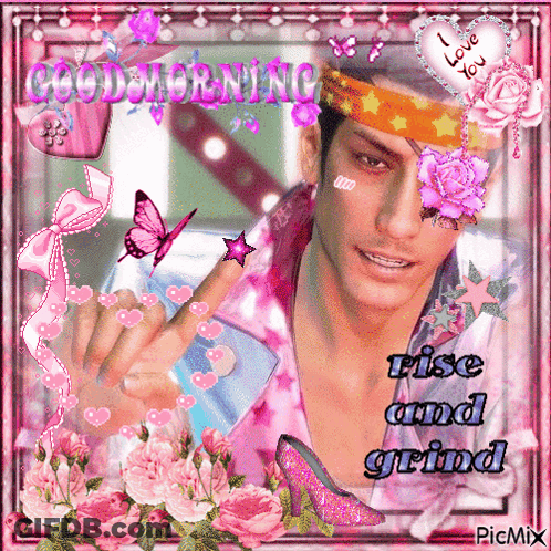 A Picture Of A Man With Flowers On His Head And The Words Rise And Grind On The Bottom GIF