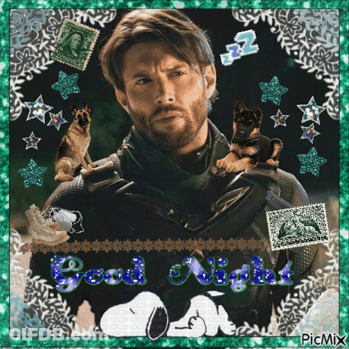 A Picture Of A Man With German Shepherds And The Words Good Night On It GIF
