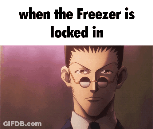 A Picture Of A Man With Glasses And A Caption That Says When The Freezer Is Locked In GIF