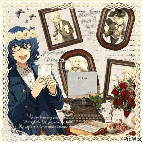 A Picture Of A Man With Glasses And A Flower Crown Holding A Card That Says " My Dear " GIF
