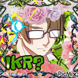 A Picture Of A Man With Glasses And A Flower Crown On His Head With The Words Ikr On The Bottom GIF