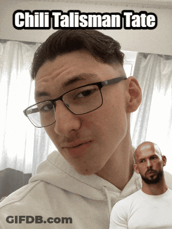 A Picture Of A Man With Glasses And The Name Chili Talisman Tate On It GIF