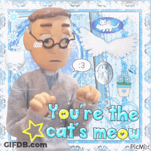 A Picture Of A Man With Glasses And The Words " You 'Re The Cat 'S Meow " On It GIF