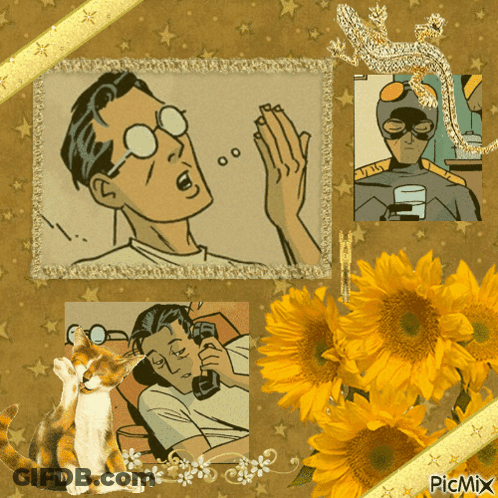 A Picture Of A Man With Glasses Is Surrounded By Flowers And A Cat GIF
