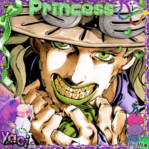 A Picture Of A Man With Green Teeth That Says Princess On It GIF