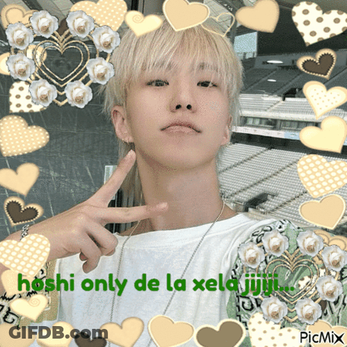 A Picture Of A Man With Hearts Around Him And The Words Hoshi Only De La Xela Jijii GIF