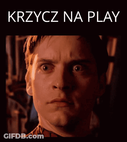 A Picture Of A Man With His Mouth Open And The Words Krzycz Na Play Below Him GIF