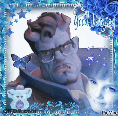 A Picture Of A Man With Horns And The Words Good Morning Written On It GIF