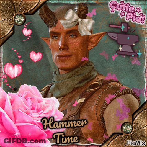 A Picture Of A Man With Horns Has The Words Hammer Time Written On It GIF