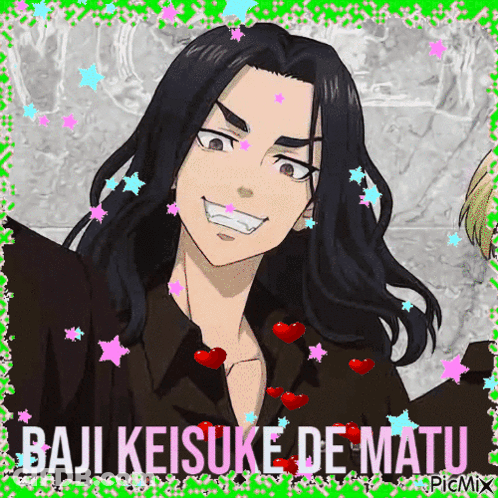A Picture Of A Man With Long Black Hair And The Name Baju Keisuke De Matu GIF