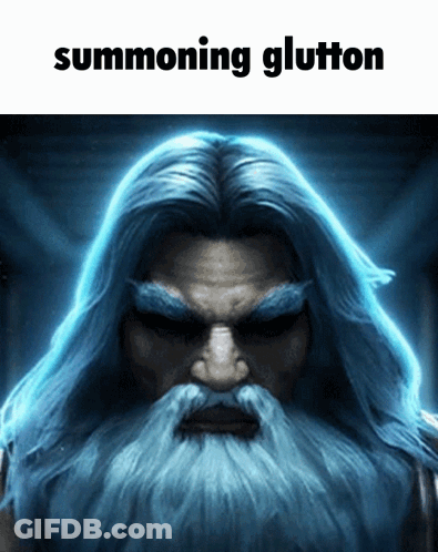 A Picture Of A Man With Long Blue Hair And A Beard With The Words Summoning Glutton Above Him GIF