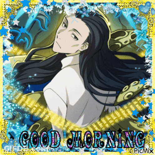 A Picture Of A Man With Long Hair And The Words Good Morning On The Bottom GIF