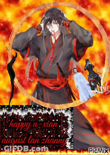 A Picture Of A Man With Long Hair And The Words Happy A-Xian August Lan Zhang On It GIF