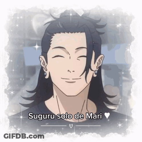A Picture Of A Man With Long Hair And The Words Suguru Solo De Mari Below Him GIF
