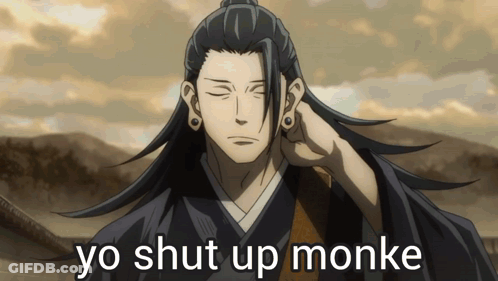 A Picture Of A Man With Long Hair And The Words Yo Shut Up Monke Below Him GIF