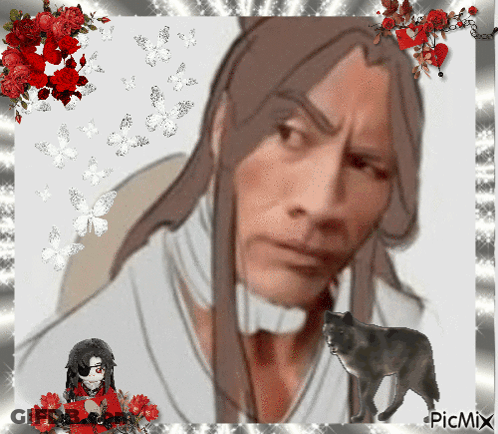 A Picture Of A Man With Long Hair Is Surrounded By Red Roses And A Black Cat GIF