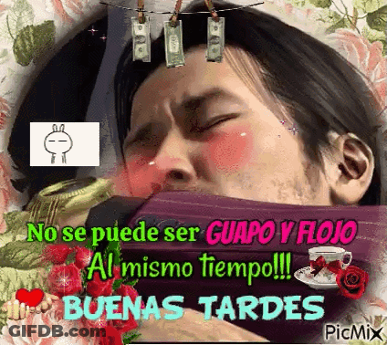 A Picture Of A Man With Money Hanging From His Head And The Words " No Se Puede Ser Guapo Y Flojo " GIF