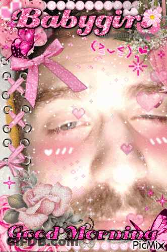 A Picture Of A Man With Pink Flowers And The Words Babygirl Written On It GIF