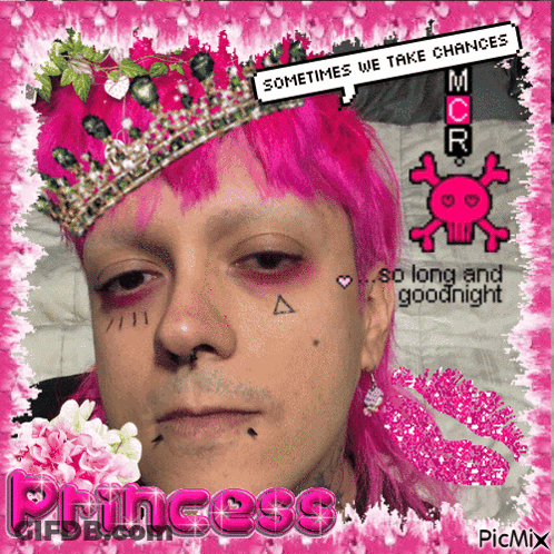 A Picture Of A Man With Pink Hair And A Crown That Says Princess On The Bottom GIF