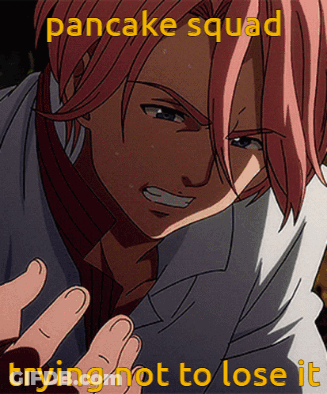 A Picture Of A Man With Pink Hair And The Words Pancake Squad Trying Not To Lose It On The Bottom GIF