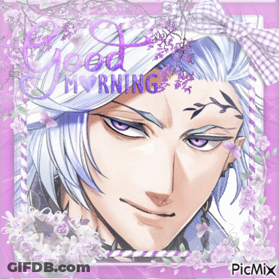 A Picture Of A Man With Purple Eyes And The Words Good Morning Written On It GIF