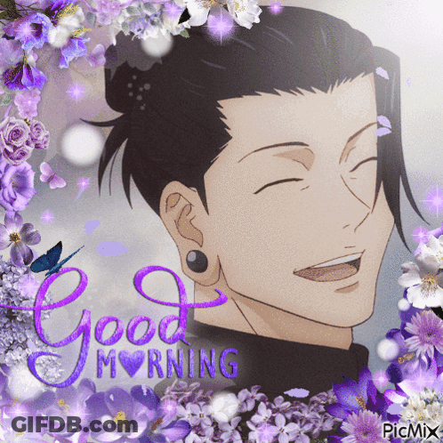 A Picture Of A Man With Purple Flowers And The Words Good Morning On The Bottom GIF
