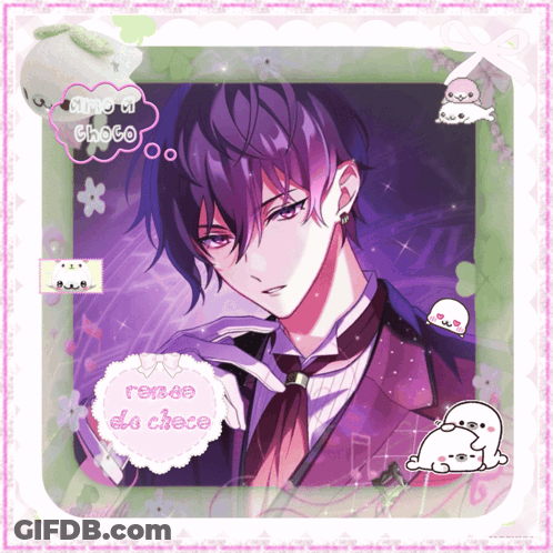 A Picture Of A Man With Purple Hair And A Speech Bubble That Says " Aime A Choco " GIF
