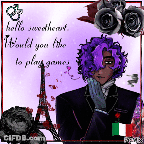 A Picture Of A Man With Purple Hair And The Words Hello Sweetheart Would You Like To Play Games On The Bottom GIF