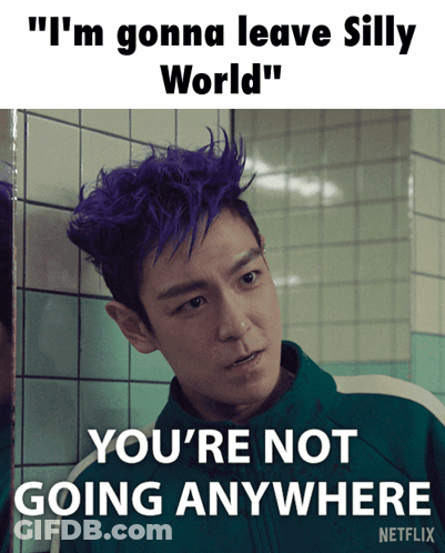 A Picture Of A Man With Purple Hair And The Words " I 'M Gonna Leave Silly World " GIF