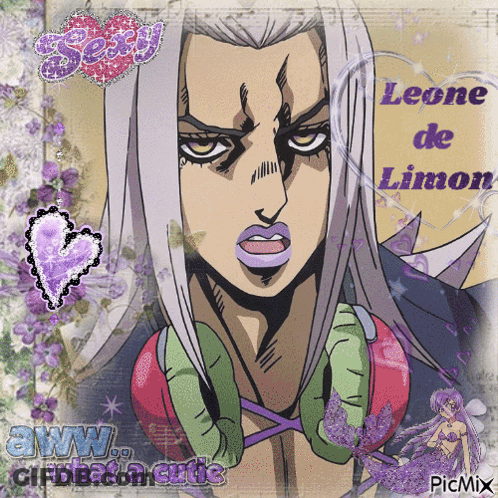 A Picture Of A Man With Purple Lips And The Words Leone De Limon On It GIF