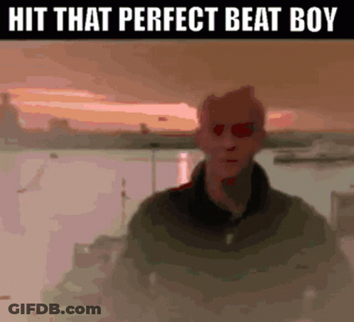 A Picture Of A Man With Red Eyes And The Words Hit That Perfect Beat Boy GIF