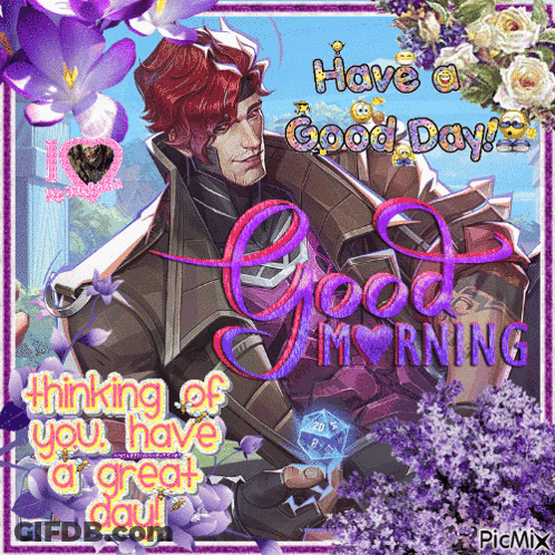 A Picture Of A Man With Red Hair And Purple Flowers Says Have A Good Day Thinking Of You Have A Great Day GIF