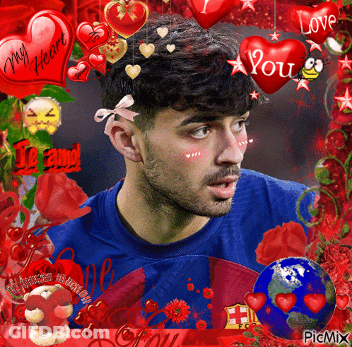 A Picture Of A Man With Red Hearts And The Words " My Heart " GIF