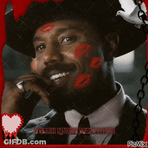 A Picture Of A Man With Red Kisses On His Face And The Words " Black Love Is Always " GIF
