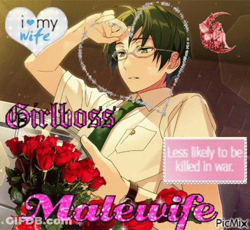 A Picture Of A Man With Roses And The Words " Less Likely To Be Killed In War " On It GIF
