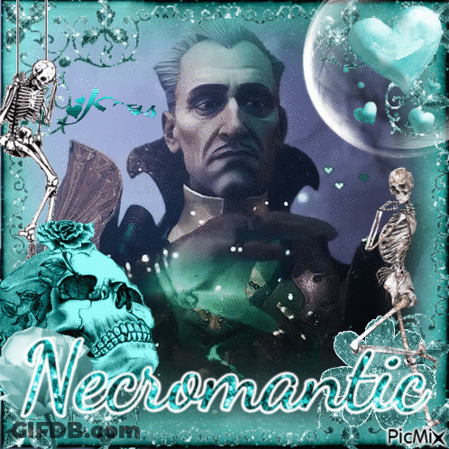 A Picture Of A Man With Skulls And The Words Necromantic GIF