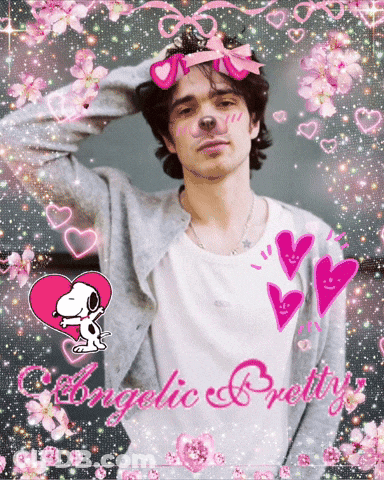 A Picture Of A Man With Snoopy And The Words Angelic Pretty On It GIF